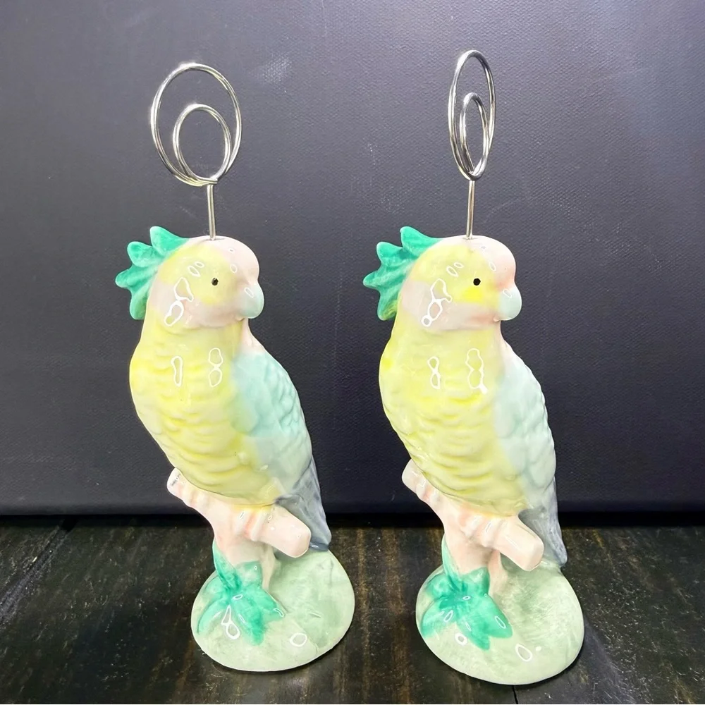 2-pc Ceramic Parrot Bird Photo Card Note Holder Wire Clip Decor Pastel Colors